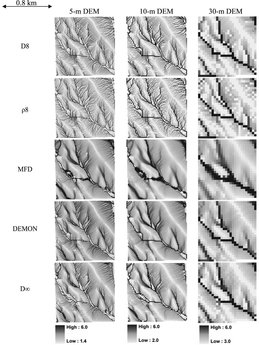 Figure 2. Maps of log(a) estimated by five different algorithms on the North field using 5-, 10-, and 30-m DEMs. [e.g., Tarboton, 1997, Figures 8 and 9]. Unrealistic drainage patterns (i.e., straight flow paths) resulting from the grid structure are present in all algorithms to some degree, but such grid artifacts are most pronounced in single-direction algorithms.