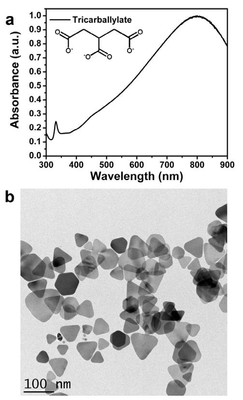 Figure S13 The UV-vis spectrum (a) and TEM image (b) of a typical sample prepared by substituting trisodium tricarballylate for trisodium citrate.