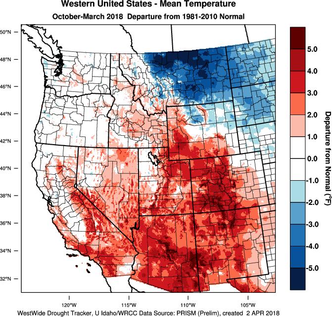 The cooler than average March brought much of the west to near average temperatures (+1 to -1 F) for the winter (Figure 2).