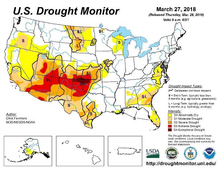 Figure 3 Current US Drought Monitor and seasonal drought outlook. La Niña Watch In late March 2018, the tropical Pacific still reflected weak La Niña conditions.