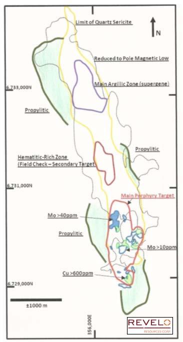 FIGURE 2 SCHEMATIC MAP Principal alteration zones, Mo and Cu