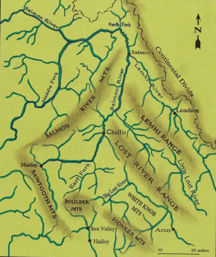 Figure 23.5. Map of mountain ranges and river coursesin central Idaho (drawn by Mrs. Melanie Richard).