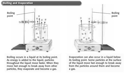 Evaporation: Liquid to Gas, continued Effects of Pressure on Boiling Point The boiling point of a liquid decreases as atmospheric pressure decreases.
