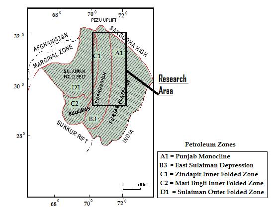 Fig 2.2 Area under study comprises of Eastern part of Sulaiman Fold Belt, Sulaiman Foredeep and Punjab Platform (Raza, 1989). 2.4.