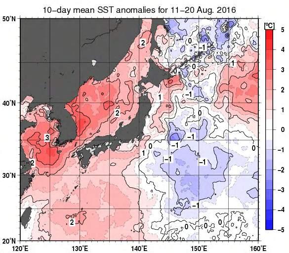 (Topics) (2) Sea surface temperature As with the hot conditions observed in western Japan, sea surface temperatures (SSTs) were much higher than normal in August in the seas around western Japan and