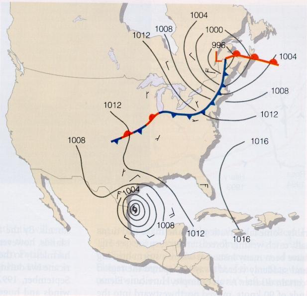 Differences between Hurricanes and Extratropical Cyclones: Hurricane warm ocean/latent heat release Energy Source Extratropical Cyclone temp difference between air masses warm core/decays with