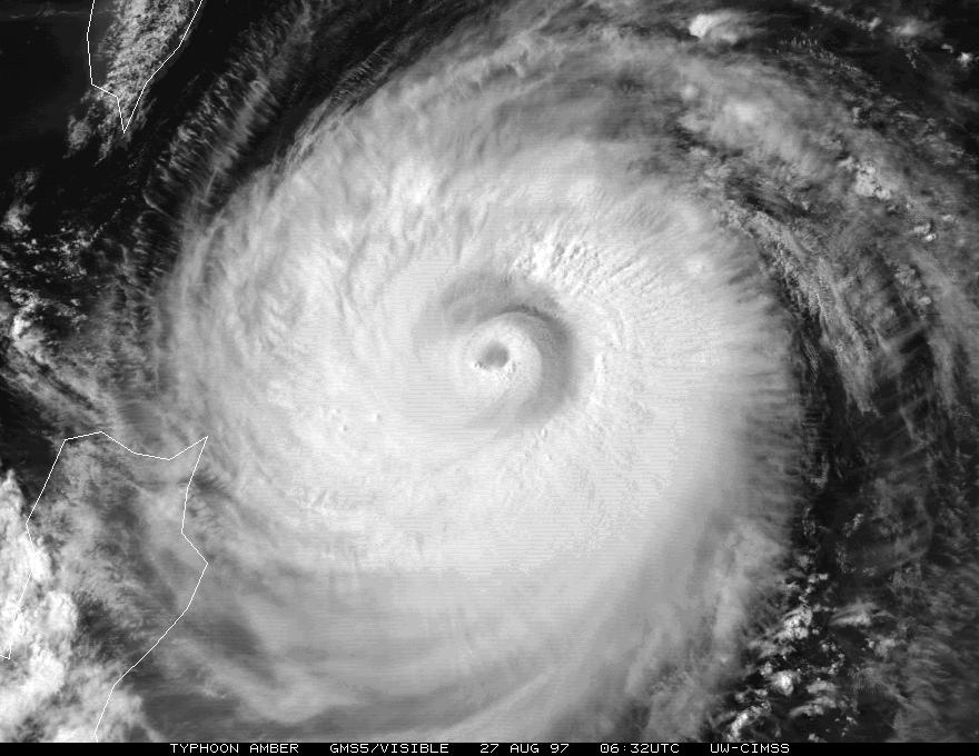 A satellite photo of Typhoon Amber of the 1997 Pacific typhoon season,