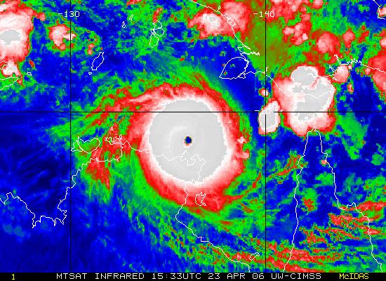Infrared image of a powerful southern hemisphere cyclone, Monica,