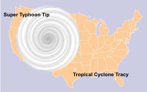 The relative sizes of the United States, Typhoon Tip and Cyclone Tracy