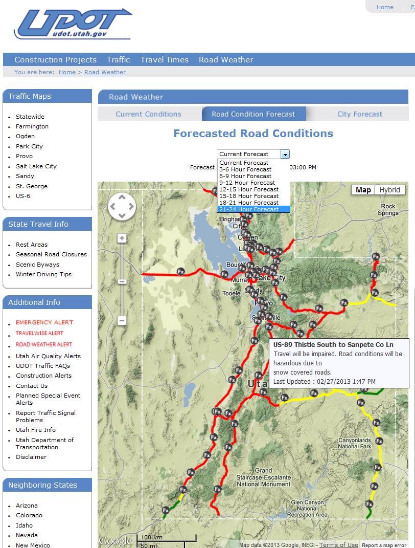 Road Condition Forecasts 74 road segments, year round 3-hour road condition forecasts out to 24 hours Green/yellow/red condition levels: Green: dry, wet Yellow: slushy roads, areas of road snow/ice,