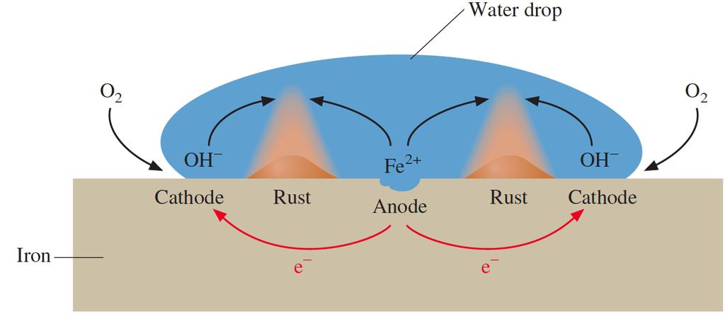 Back to Rusting The electrochemical process involved in the rusting of iron A single drop of water containing ions forms a voltaic cell in which iron is oxidized to iron(ii) ion at the center of the