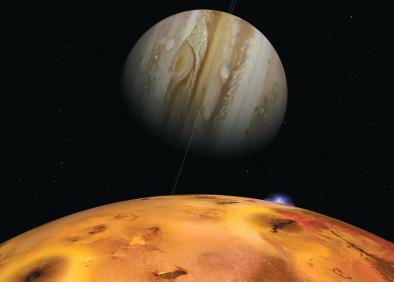 The Galilean satellites Io (shown here) has several active volcanoes. The most volcanic active body in the solar system Europa has an icy crust with a subsurface ocean.