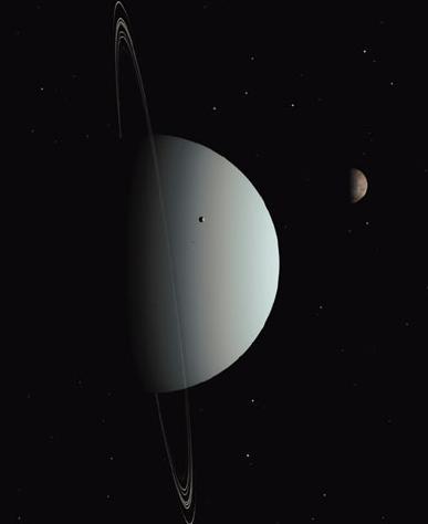 Uranus Average distance from Sun: 19.2 AU Radius: 25,559 km, 4.0 radius of Earth Mass: 14.5 Mass of Earth Average density: 1.