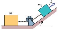 Problem 3-17 points A force F is applied to a box of mass m 2 = 1.0 kg. The force is directed up a plane tilted by an angle θ = 30 o. The box is connected to a box of mass m 1 = 3.0 kg on the floor.