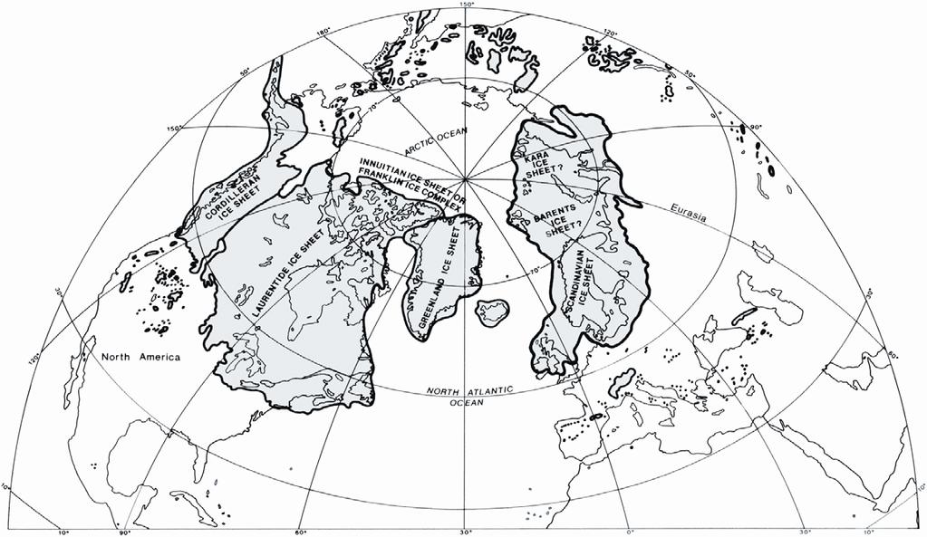 Extent of Northern Hemisphere glacial ice during the Last Glacial Maximum (LGM) [from Denton and Hughes (eds.