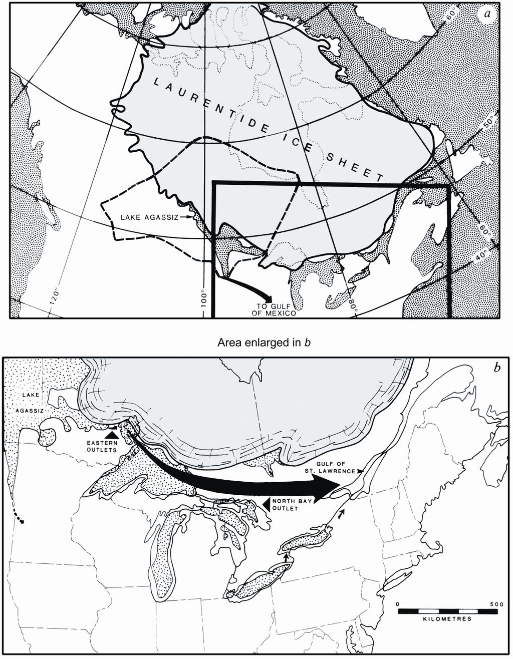 The Laurentide Ice Sheet and the routing of overflow from the Lake Aggasiz basin (dashed line) to the Gulf of Mexico just before the Younger Dryas (a) and routing of overflow from Lake Aggasiz