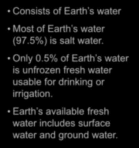 Lesson 3.3 Earth s Spheres The Hydrosphere Consists of Earth s water Most of Earth s water (97.