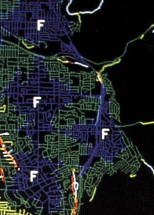 of the city (fig. 24). Figure 23. Map of potential ground l liquefaction during an earthquake. The least stable areas are shown by yellows and oranges, the most stable by grays and browns. Figure 24.