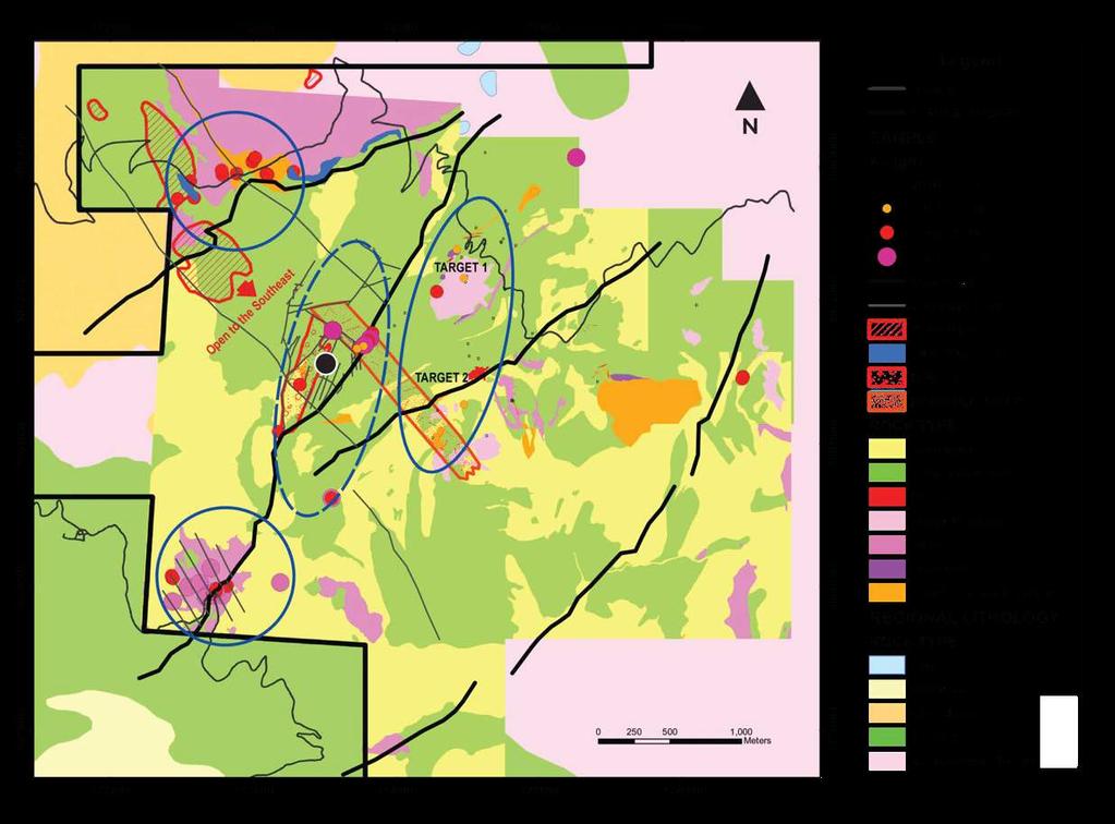Geological Plan Map showing Locations of Major TargetAreas Rock types, alteration style and mineralization similar to producing gold mines in Northern Peru Gold Belt Epithermal goldsilver