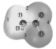 e 47. The following shows a gray-scale image of an electrostatic potential map with the atoms labeled. Which of the numbered regions would appear reddest in a color image? a. 1 b. 2 c. 3 d. 4 e.