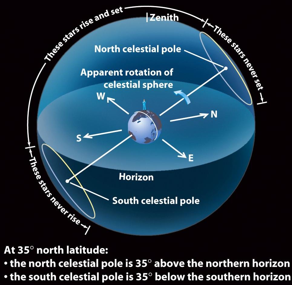 Celestial Sphere The celestial sphere appears tipped viewed by an observer Circumpolar Zenith stars Point in the sky directly overhead