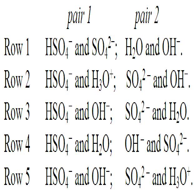 11. Which is the formula for the hydronium ion? A. OH B. H 2 O C. H 3 O + D. H 3 O E. H 2 O + 12. In the reaction HSO 4 (aq) + OH (aq) SO 4 2 (aq) + H 2 O(l), the conjugate acid-base pairs are A.