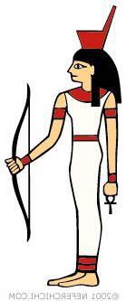 an ostrich feather on her head NEITH Goddess of Hunting Woman holding weapons & wearing the red crown