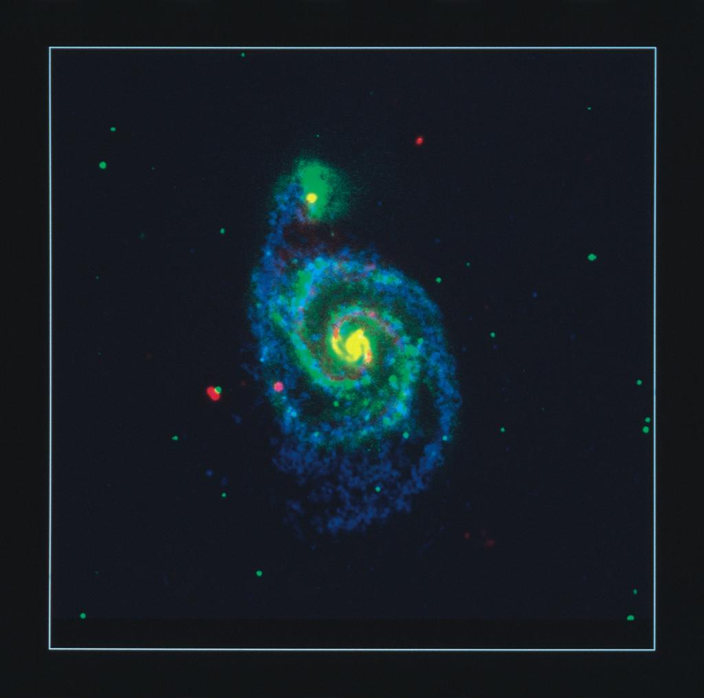 Radio image of spiral galaxy M51, taken with VLA, blue colour is