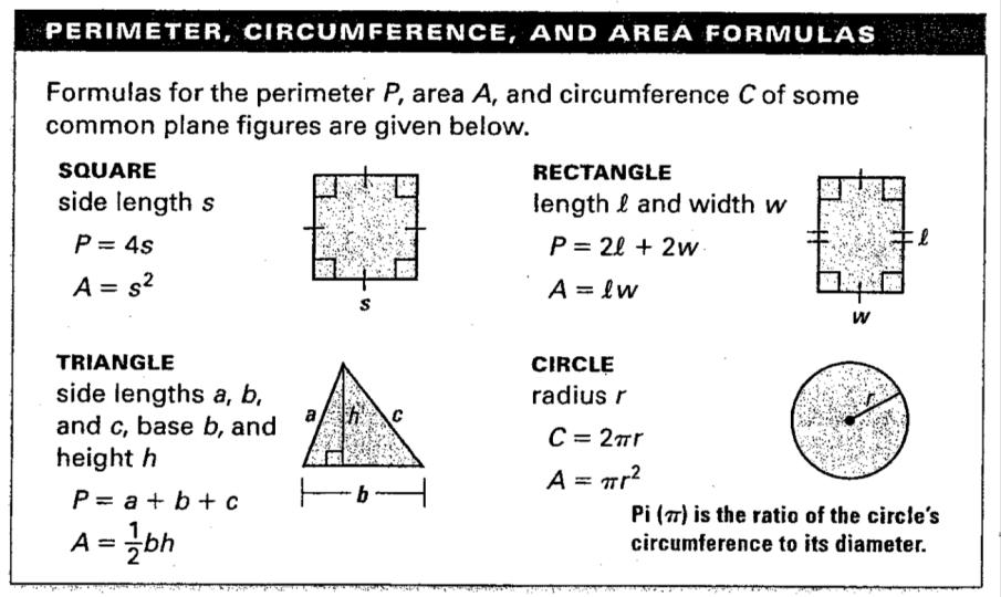 Section 1.7 GOAL 1: Reviewing Perimeter, Circumference, and Area In this lesson, you will review some common formulas for perimeter, circumference, and area.