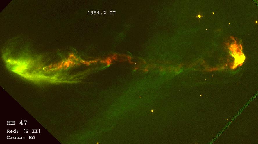 masses. Distance = 10,000 light years. Green = cloud core, yellow = protostellar disk, red = protostar.