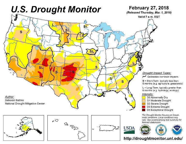 Figure 3 Current US Drought Monitor and seasonal drought outlook.