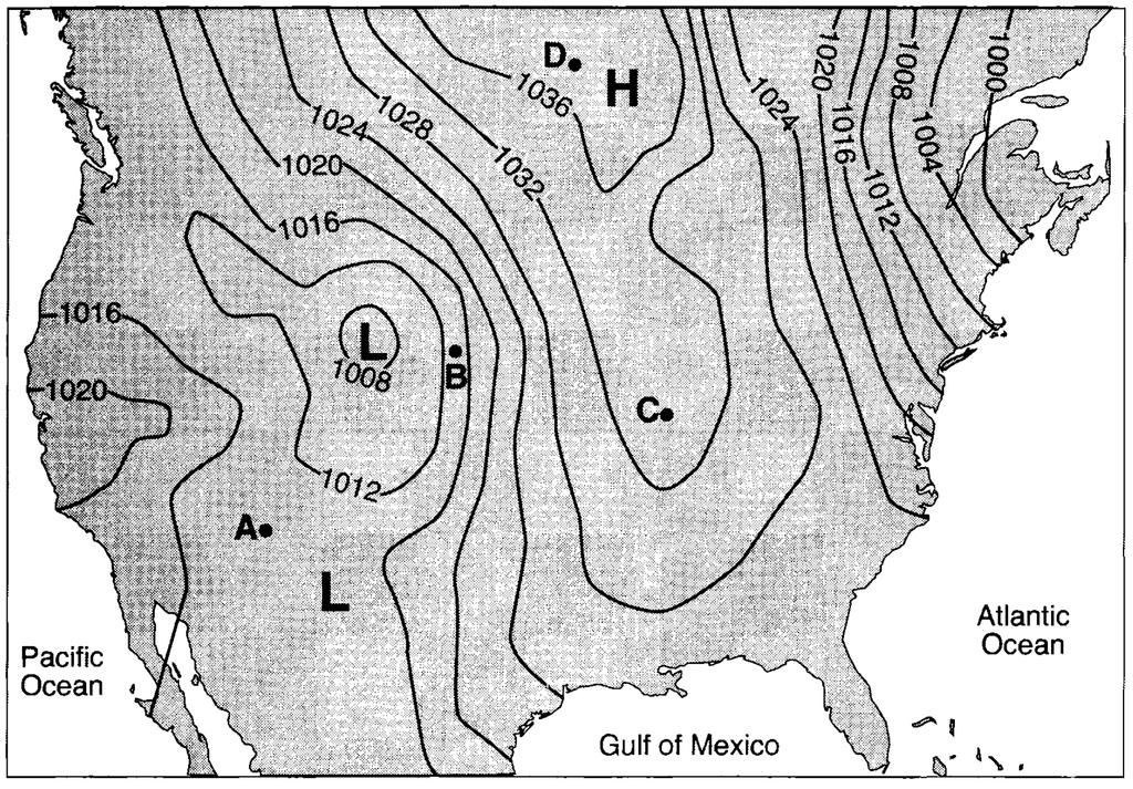 43. The weather map below shows isobars labeled in millibars.