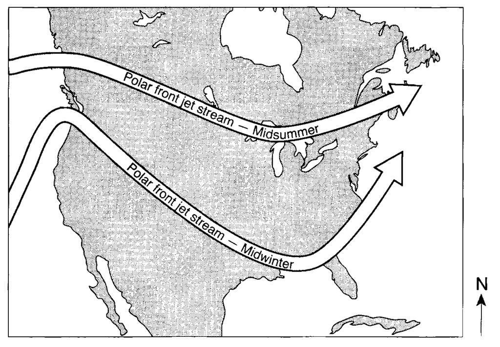 77. The map below shows two seasonal positions of the polar front jet stream over North America. Which statement best explains why the position of the polar front jet stream varies with the seasons?