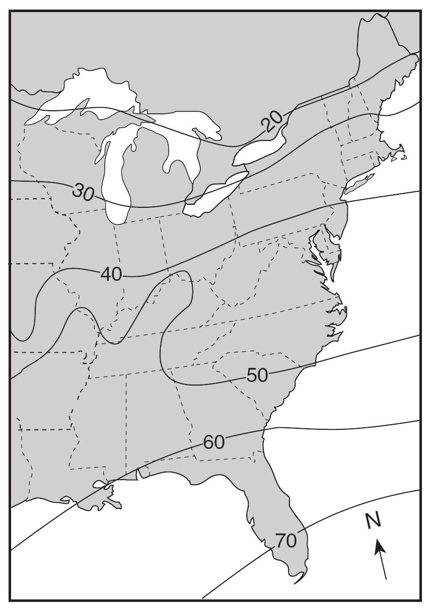 95. The map below shows a weather variable recorded at noon on a certain day. Isolines show values from 20 to 70.