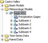 Add the Proctor School and Sidney School non-recording gages to the meteorologic model. Select the Precipitation Gages node in the Watershed Explorer to open the Total Storm Gages editor.