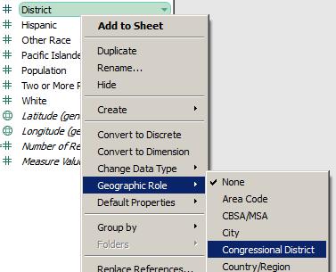 6) On Measures, right-click District and select Geographic Role > Congressional District.