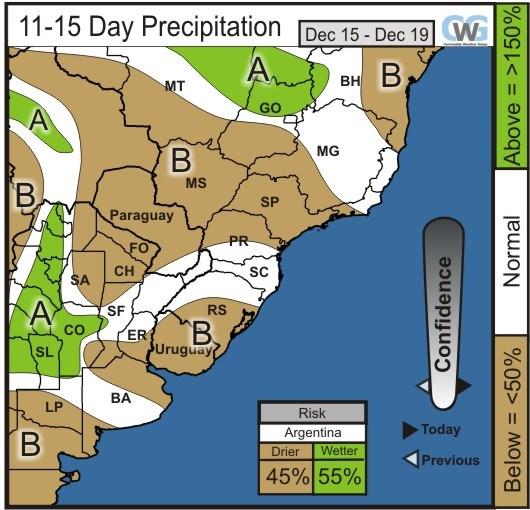 Brazilian 1st Crop Corn/Soy Commodity Weather Group South America Wetter Risks Remain to Arg. 11-15 Day Outlook on Much of Guidance Euro Highs ( F) Next Thu.
