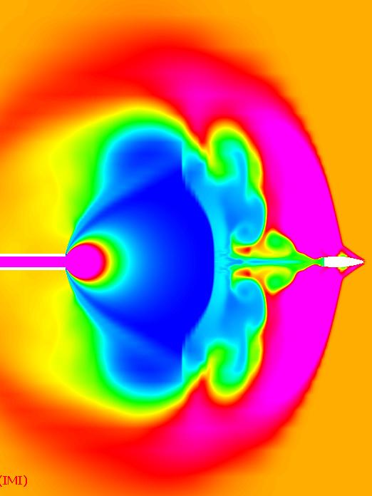3 1 Figure 5: first precursor flow field (1) and blast wave of main propellant flow (3) (60µsec