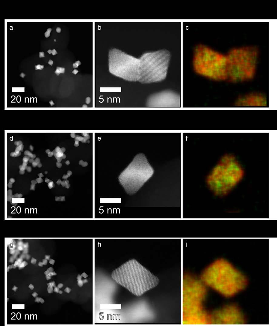 Figure S9 HAADF STEM images and EDX composition maps of Pt-Rh-Ni octahedral nanoparticles after 4 k cycles (a,b,c), after 8 k cycles (d,e,f) and after 30 k cycles (g,h,i) between 0.6 and 1.2 V vs.