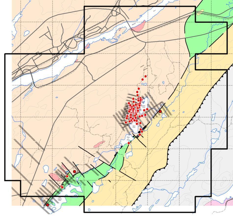 613000mE 614000mE 615000mE Moosehead Project > Historic Drilling & Soil Sampling Diamond drilling was generally focused within an