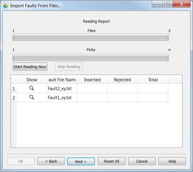 Importing Faults: Reading Data 9. Click Start Reading Now to read in the file. A progress bar shows the process.