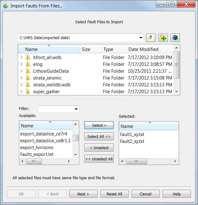 Importing Faults Faults can be imported through the Processes tab or through the bottom menu of the Fault Data Explorer. Once they are imported, even the stand-alone HR programs can display them.