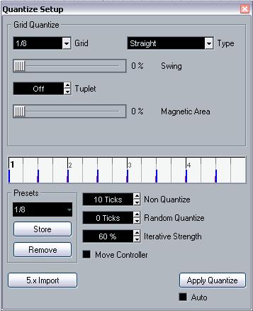Setting up quantize in the Quantize Setup dialog If you want more options than those available on the popup menu, select Quantize Setup... from the MIDI menu (or Setup.