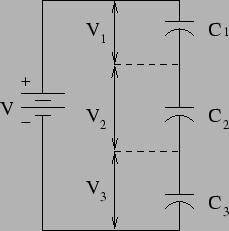 The charge on each capacitor is obtained by multiplying with the capacitance, i.e.. Since total charge in the capacitors is sum of all the charges, the
