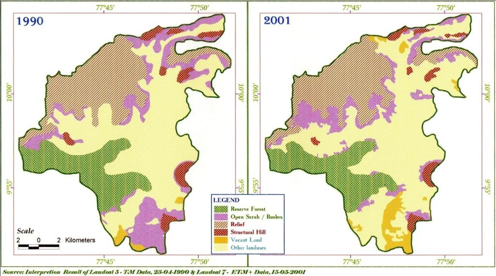 The areas of each class were estimated and finally general land use maps for both 1990 and 2001 data were prepared.