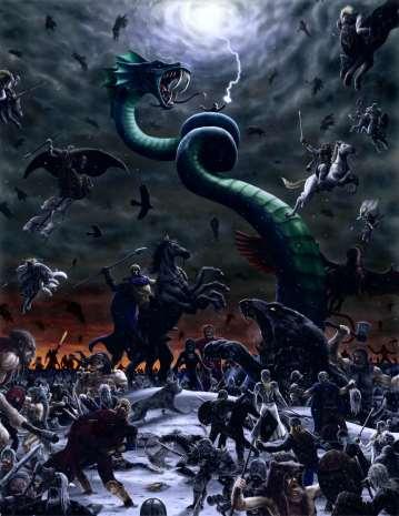 Ragnarock Final battle between Norse gods and frost giants In the red corner: Odin and all the worthy dead in Valhalla In the blue corner: Loki, frost giants, and the unworthy