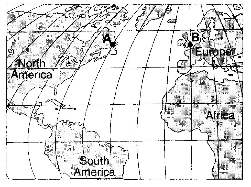 Base your answer to the following question on the map below, which shows locations A and B on Earth's surface at the same distance from the ocean, at the same elevation