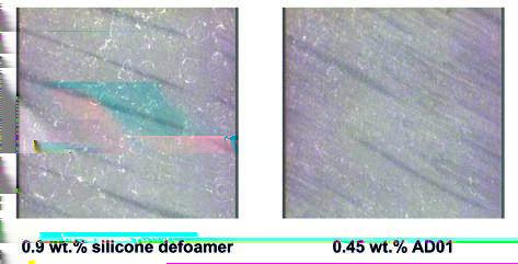 Figure 2: Performance of molecular defoamer AD01 (right) compared with silicone defoamer