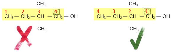 Example 3 - Side chains and a functional group 1) Look for the longest continuous carbon chain Stem 4 carbons, therefore: But (keeping the numbers low) 2a) Look for the functional groups Suffix (can