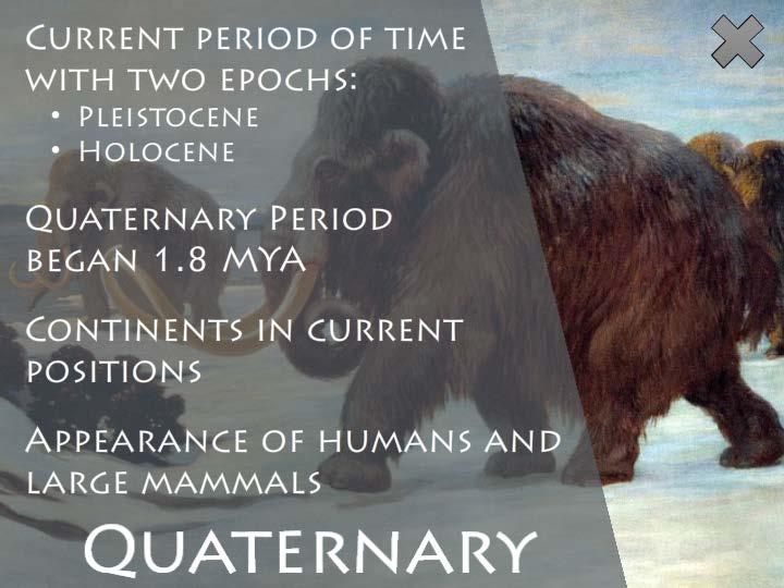 The Quaternary Period is the current period in geologic history, and it is divided into two epochs: the Pleistocene and the Holocene. The Quaternary Period began 1.